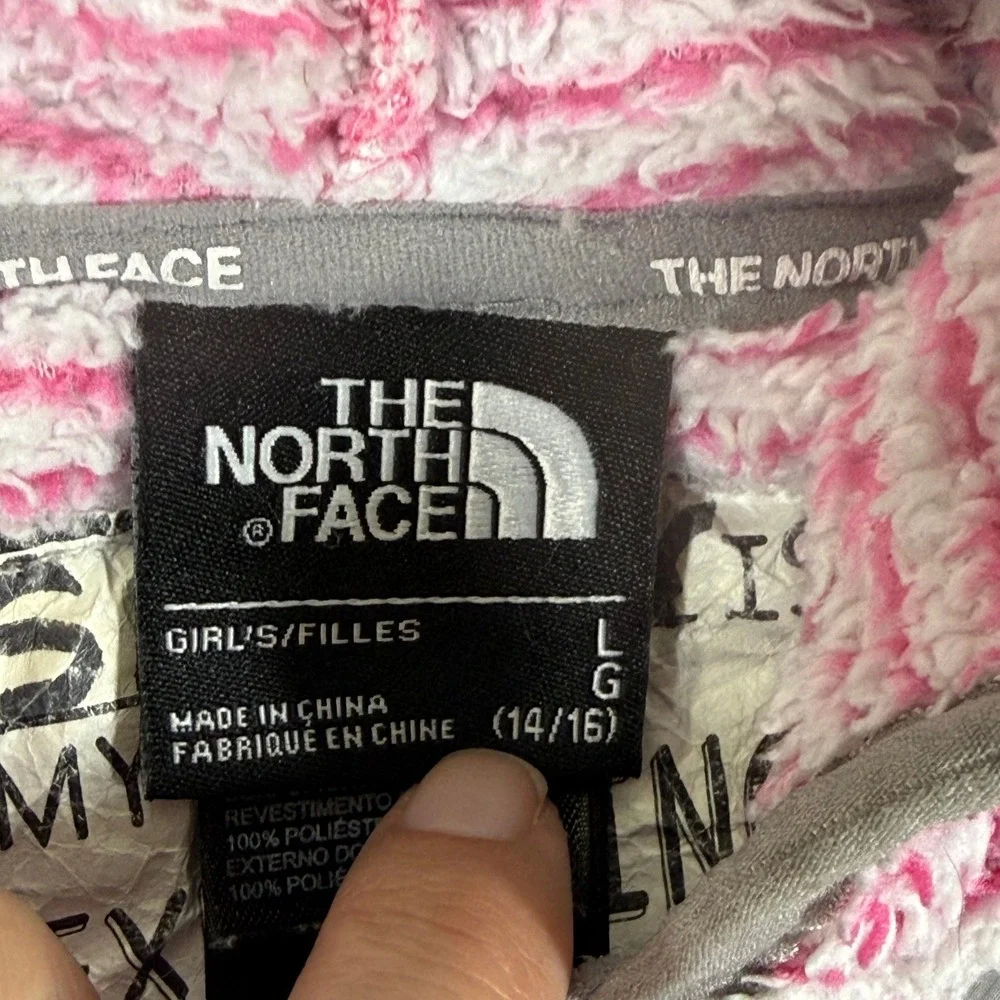 The North Face Girls Large 14/16 Pink Striped Full Zip Hooded Fleece Jacket Gray
